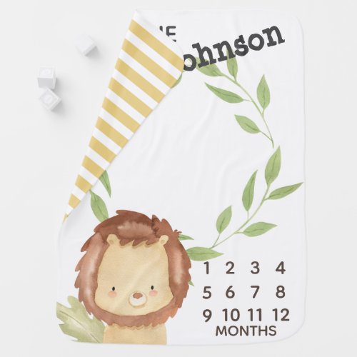 Cute Lion Yellow Stripes Monthly Boy Milestone Baby Blanket