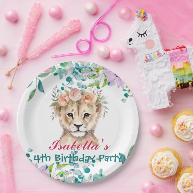 cute Lion zoo animals jungle Floral Birthday party Paper Plates (Party)
