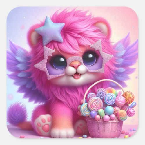 Cute Lioness with Wings  candy Basket Square Sticker