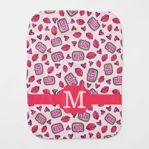 Cute Lips Kisses & Heart Doodles Pattern Monogram Baby Burp Cloth