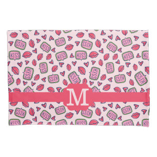 Cute Lips Kisses & Heart Doodles Pattern Monogram Pillow Case