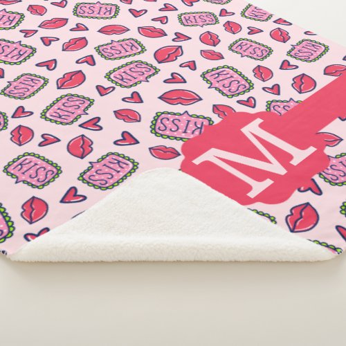 Cute Lips Kisses  Heart Doodles Pattern Monogram Sherpa Blanket