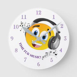 Cute Listening to Music emoji Round Clock