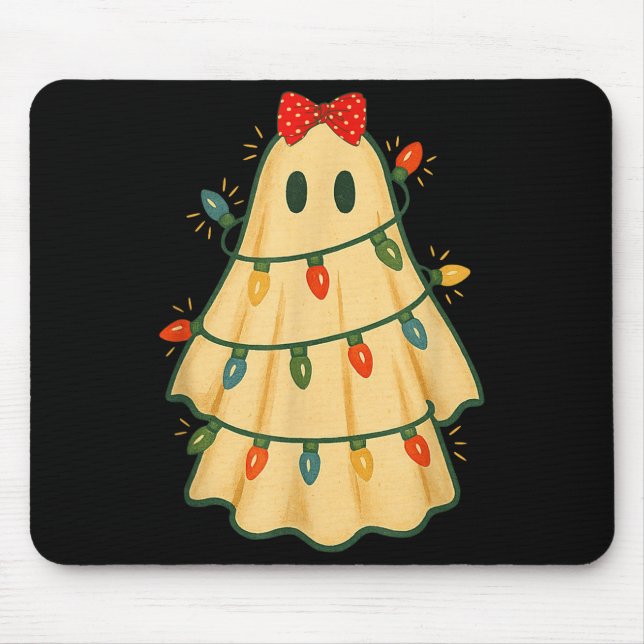 Cute Lit Ghost Christmas Tree Funny Gift Halloween Mouse Pad (Front)