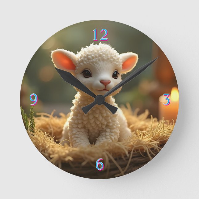 CUTE LITTE LAMB IN THE MANGER ROUND CLOCK (Front)