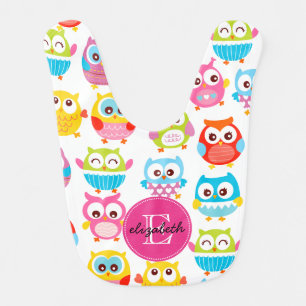 Cute Litte Owls Monogrammed Baby Bib