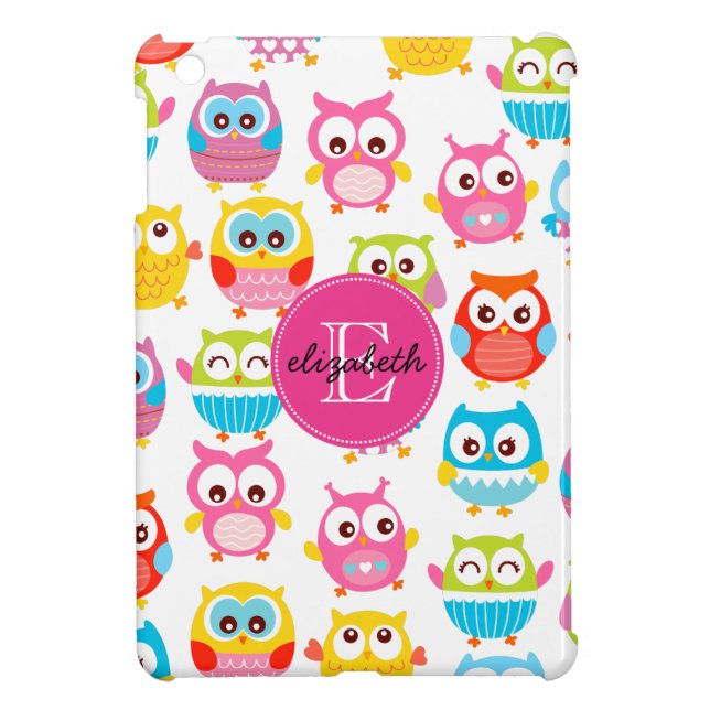 Cute Litte Owls Monogrammed iPad Mini Cover (Back)