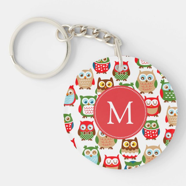 Cute Litte Owls Monogrammed Keychain (Front)