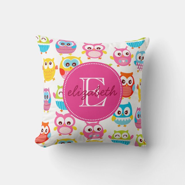 Cute Litte Owls Monogrammed Throw Pillow (Front)
