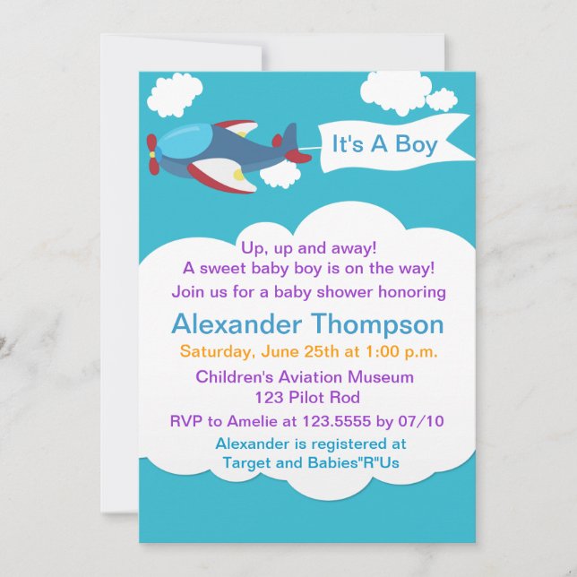 Cute Little Airplane Boy Baby Shower Invitation (Front)