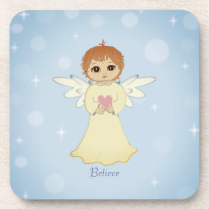 Cute Little Angel & Calligraphy on Light Blue Beverage Coaster