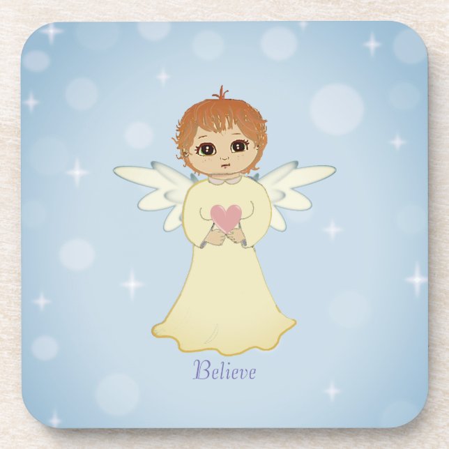 Cute Little Angel & Calligraphy on Light Blue Beverage Coaster (Front)