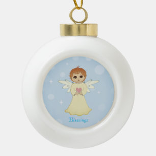 Cute little angel & calligraphy on light blue ceramic ball christmas ornament