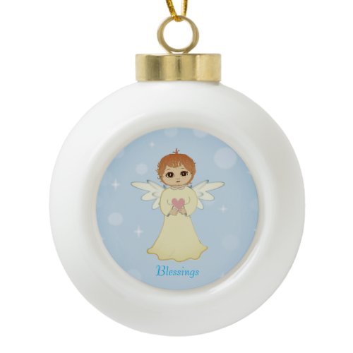 Cute little angel &amp; calligraphy on light blue ceramic ball christmas ornament