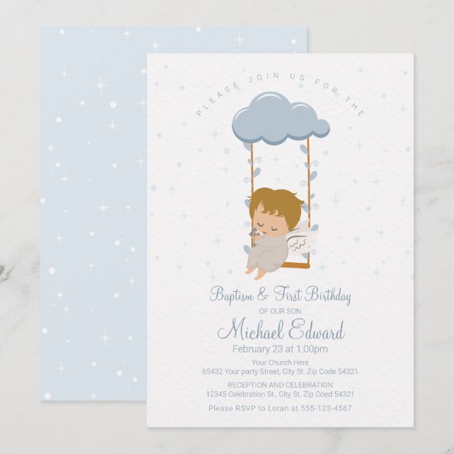 Cute Little Angel, First Birthday and Baptism Invitation (Front/Back)