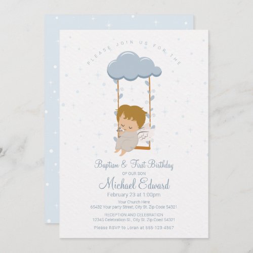 Cute Little Angel First Birthday and Baptism Invitation