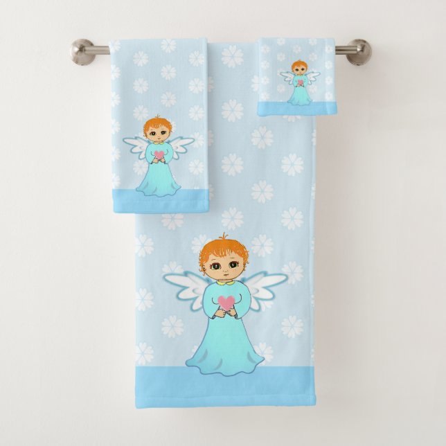 Cute Little Angel & Flower Pattern on Light Blue Bath Towel Set (Insitu)