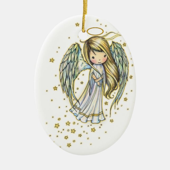 Cute Little Angel in the Stars Fantasy Art Ceramic Ornament (Front)