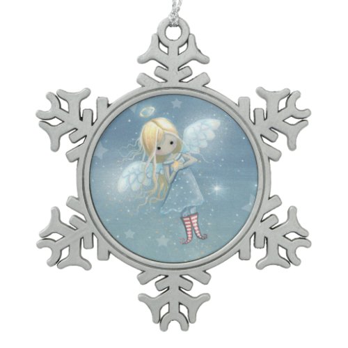 Cute Little Angel in the Stars Snowflake Pewter Christmas Ornament
