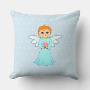 Cute little angel in turquoise holding a heart throw pillow