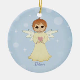 Cute little angel on light blue ceramic ornament