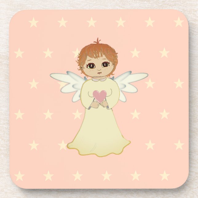 Cute Little Angel on Light Coral Pink Beverage Coaster (Front)