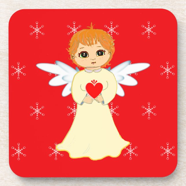 Cute Little Angel on Red Beverage Coaster (Front)
