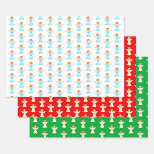 Cute little angel pattern on green, red and white wrapping paper sheets