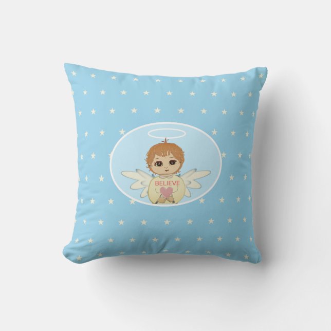 Cute Little Angel & Stars on Turquoise Throw Pillow (Front)