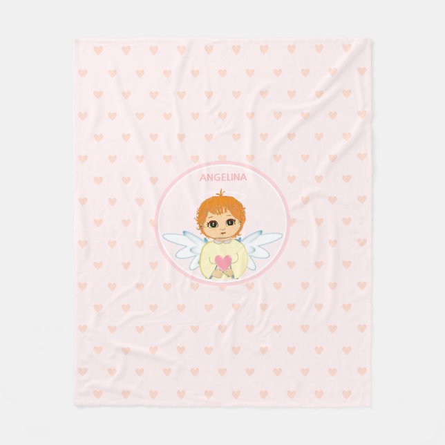 Cute Little Angel with heart pattern on light pink Fleece Blanket (Front)