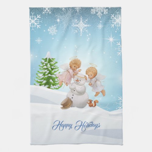 Cute Little Angels And Snowman Kitchen Hand Towel