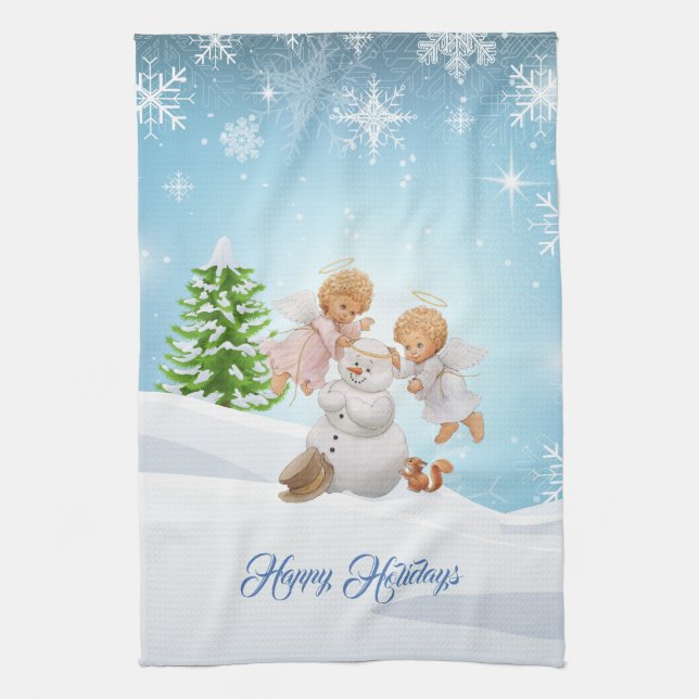 Cute Little Angels And Snowman Kitchen Hand Towel (Vertical)
