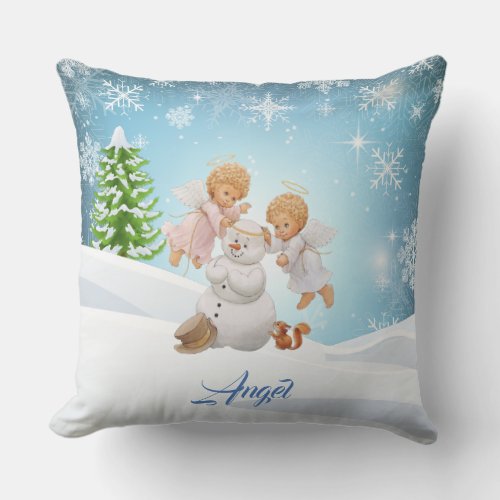 Cute Little Angels And Snowman Throw Pillow