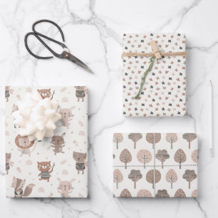 Cute little animals and trees in earth tones wrapping paper sheets