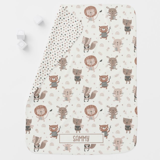 Cute little animals in earth tones baby blanket (In Situ)