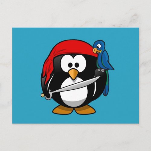 Cute little animated pirate penguin postcard