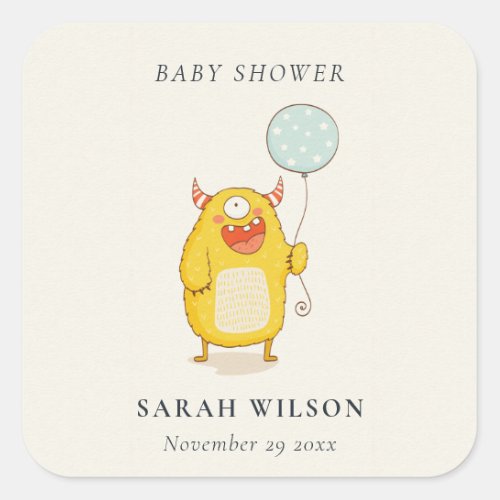 Cute Little Aqua Yellow Happy Monster Baby Shower Square Sticker