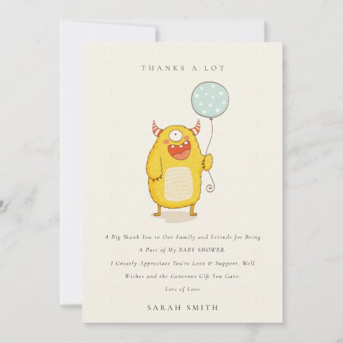 Cute Little Aqua Yellow Happy Monster Baby Shower Thank You Card