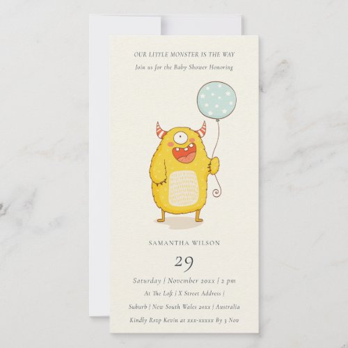 Cute Little Aqua Yellow Monster Baby Shower Invite