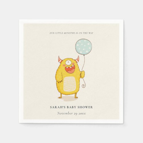 Cute Little Aqua Yellow Monster Baby Shower Invite Napkins