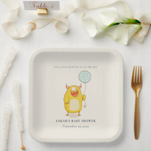 Cute Little Aqua Yellow Monster Baby Shower Invite Paper Plates