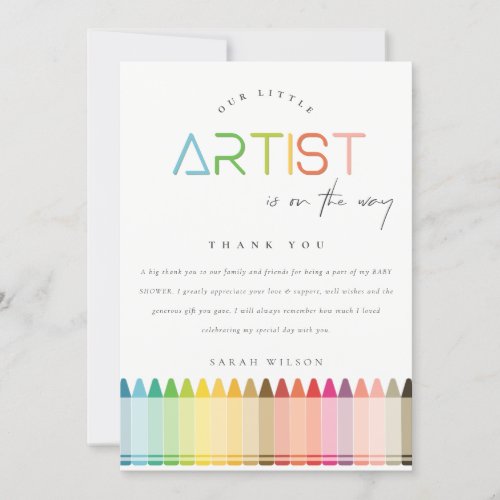 Cute Little Artist Crayon Fun Rainbow Baby Shower Thank You Card