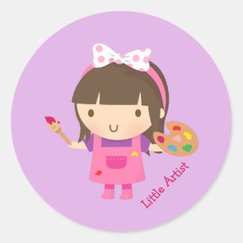 Cute Little Artist Painter Girl At Work Classic Round Sticker by RustyDoodle at Zazzle