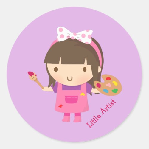 Cute Little Artist Painter Girl at Work Classic Round Sticker