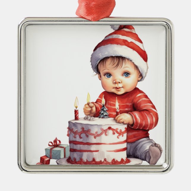 CUTE LITTLE BABY DRESSED IN RED WITH CAKE METAL ORNAMENT (Front)