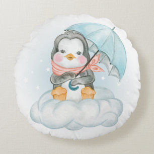CUTE LITTLE BABY PENGUIN SITTING ON CLOUD ROUND PILLOW