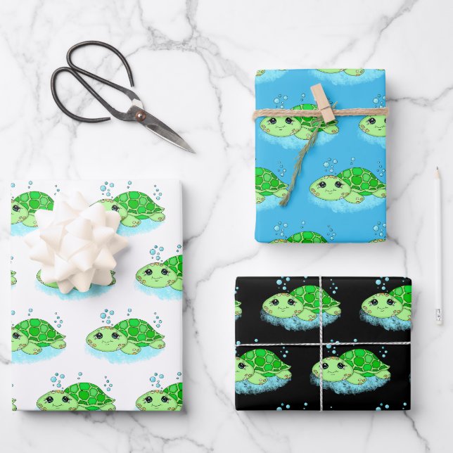 Cute Little Baby Turtles Birthday or Baby Shower Wrapping Paper Sheets (Front)