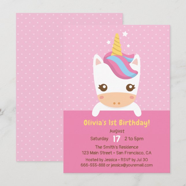 Cute Little Baby Unicorn First Birthday Party Invitation (Front/Back)