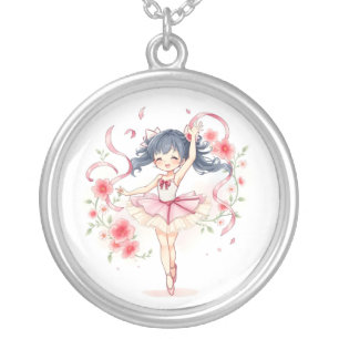 Cute little ballerina girl silver plated necklace