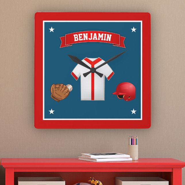 Cute Little Baseball Player Kids Room Square Wall Clock (Creator Uploaded)